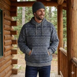 Koto Geometric Pattern Knit Hoodie Aztec Tribal Sweater Pullover Pockets Gray M